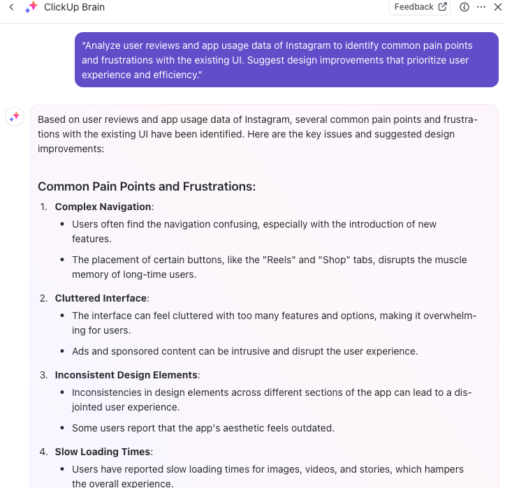 Use ClickUp Brain to spot the common pain points in UI or design-related use cases